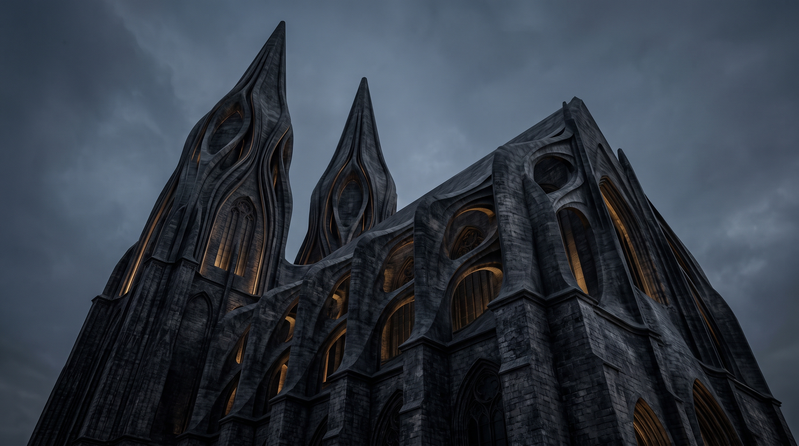 Cologne Cathedral reimagined by Zaha Hadid in dark soot-blackened limestone with parametric curvature