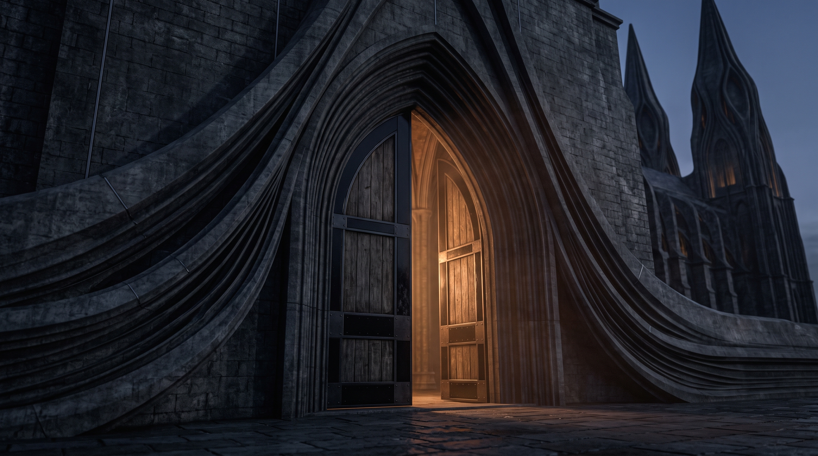 Monumental Gothic portal of Salisminster with parametric limestone curves and an illuminated open door